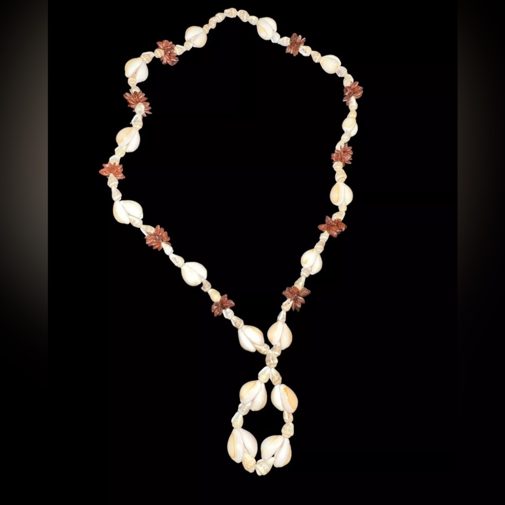 Vintage Necklace Cowrie Shell & Seashell LONG 18” Natural Boho